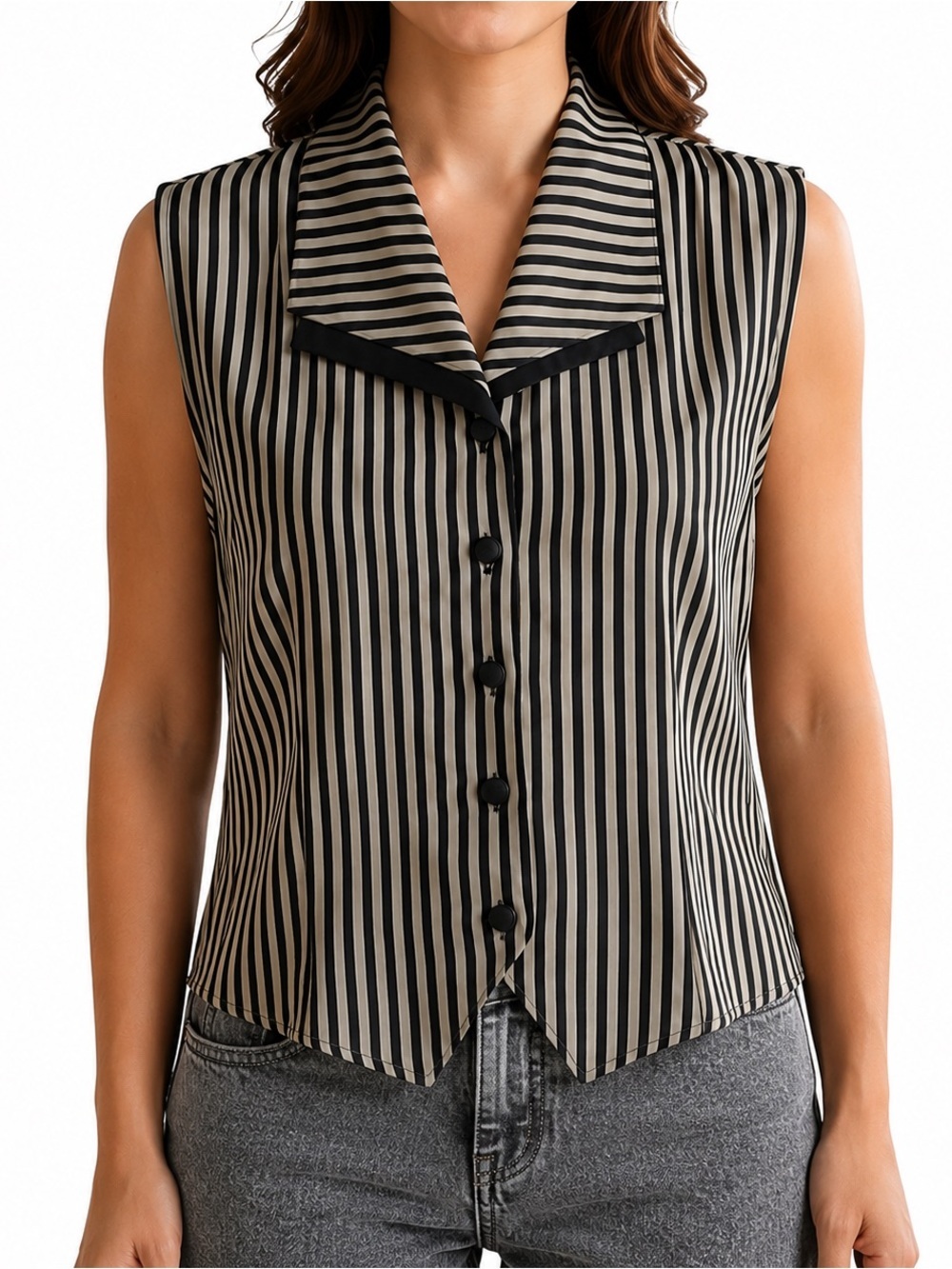 Camille Claudel Sleeveless Blouse Vest  Stripes Workwear Old Money Taupe Black M